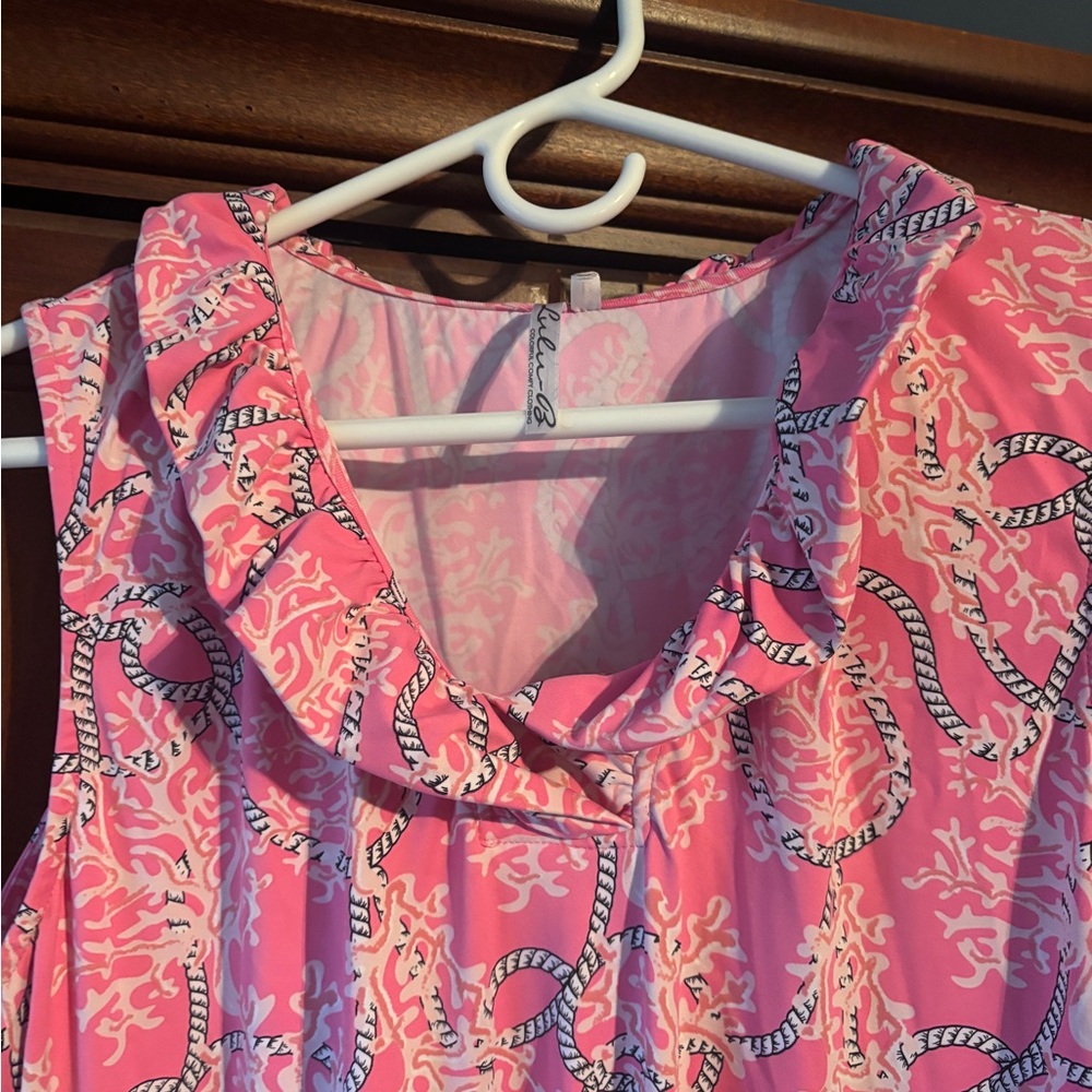 Lulu B Pink Coral Rope Print Sleeveless Shift Dress Preppy Coastal L - Picture 2 of 4